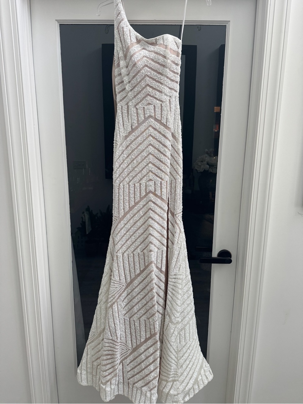 Jovani One-Shoulder White and Champagne Beaded Gown